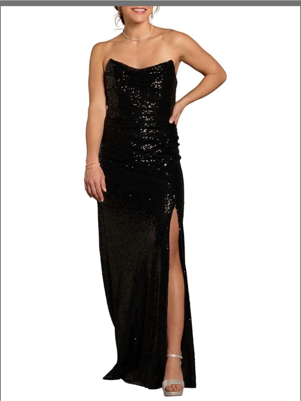 David's Bridal Black Sequin Strapless Cowl Gown with High Slit